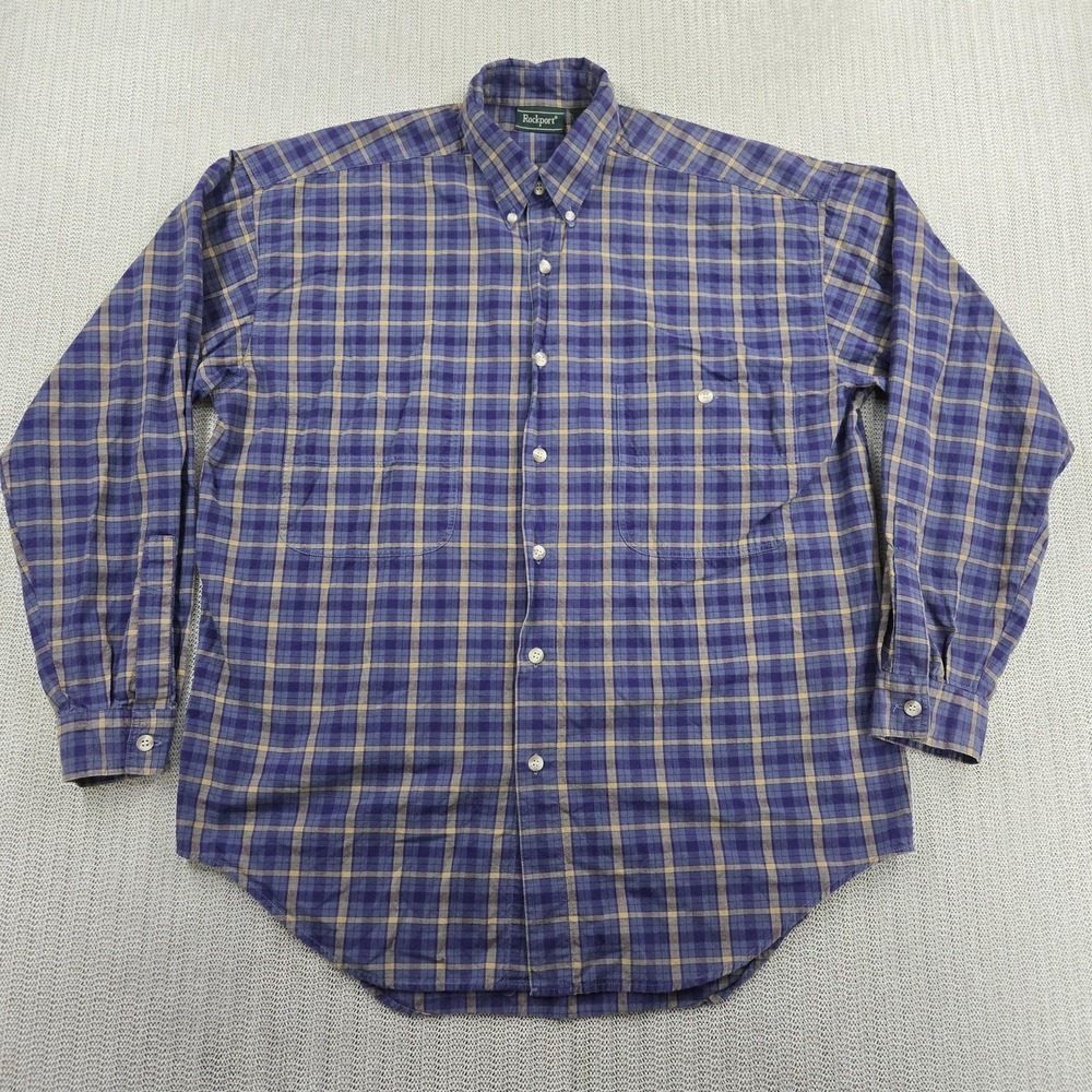 Rockport Shirt Mens Medium Purple Plaid Button Down Long Sleeve Casual Cotton